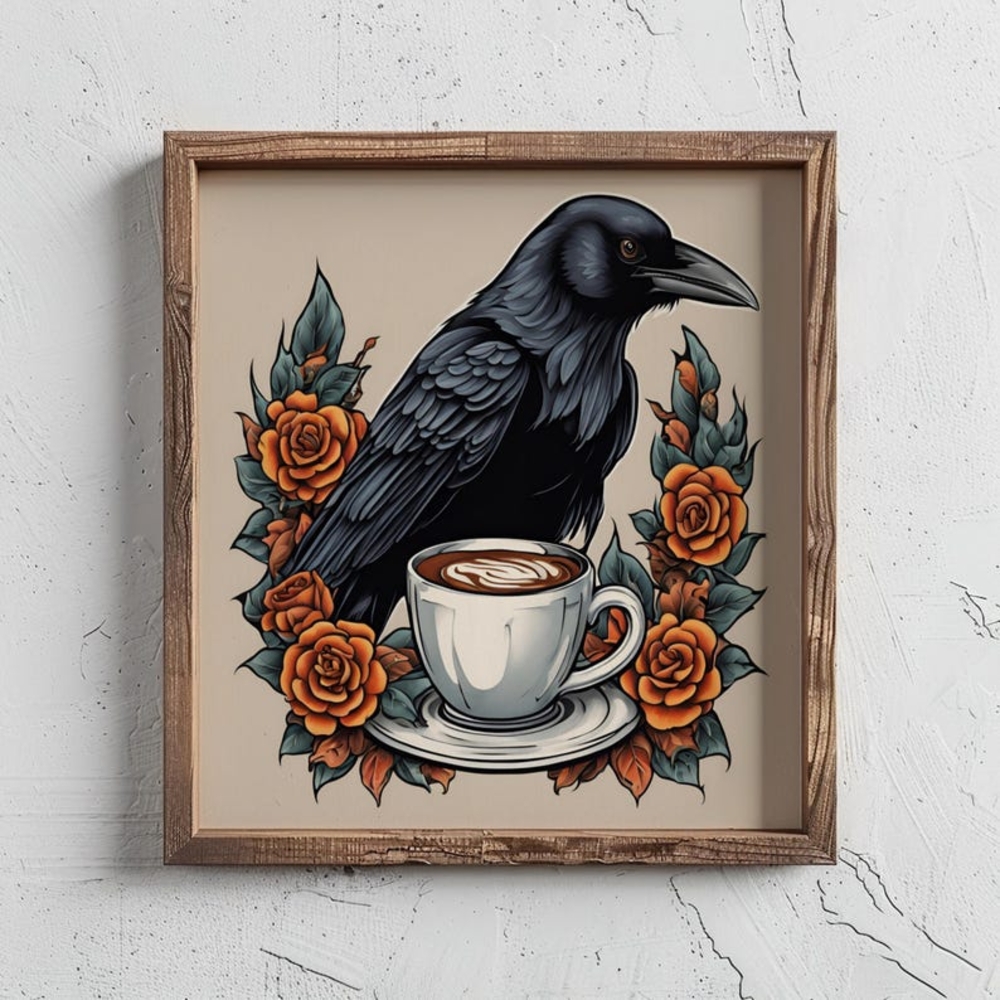 Vintage Crow & Coffee Wall Art - Gothic Portrait, Classic Literary Decor
